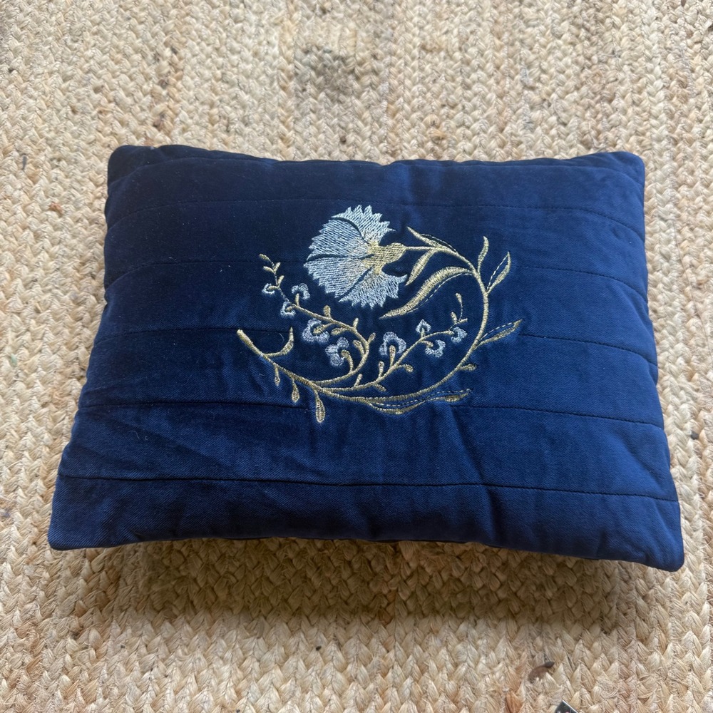 Vintage Navy Blue Velvet Embroidered Floral Throw Pillow Botanical Whimsigotj